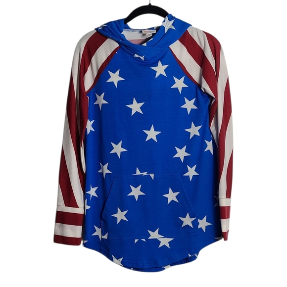 LULAROE Amber Hoodie Patriotic Blue and Red Star And Stripe Sweatshirt Size XS - Picture 1 of 16